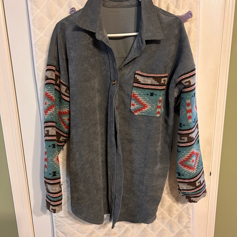 Gray Button Down Shirt with Patterned Sleeves